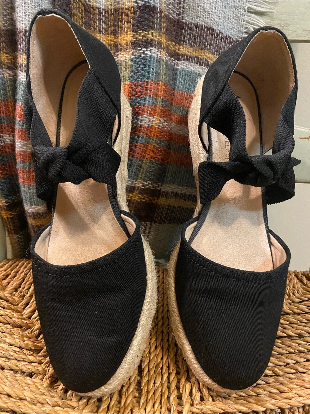 Life Stride Black Espadrille Wedges with Elastic Faux Tie